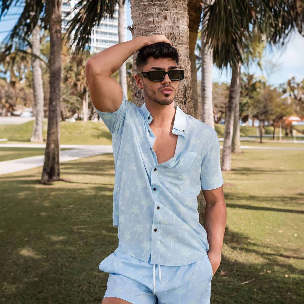 NEW BERMIES pastel palms rayon stretch shirt in light blue